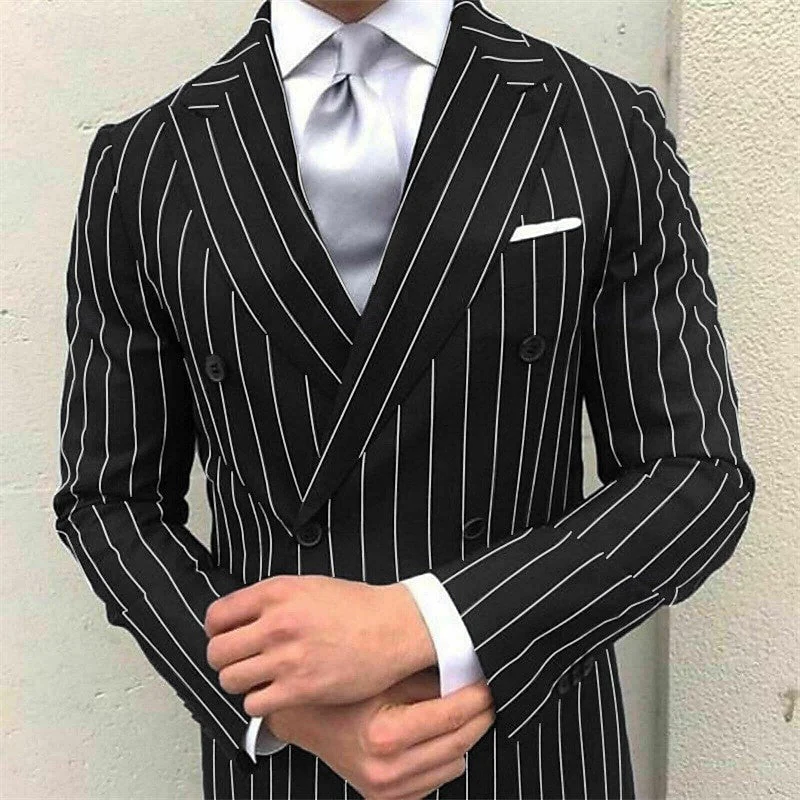 Men's Prom Pinstripe Peak Lapel Business Formal Striped Double Breasted Six-buttons 2 Piece Wedding Suits - Image 3