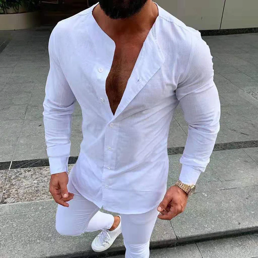 Men's Round Neck Long Sleeves Slim Fit Solid Colour Shirt - Image 2