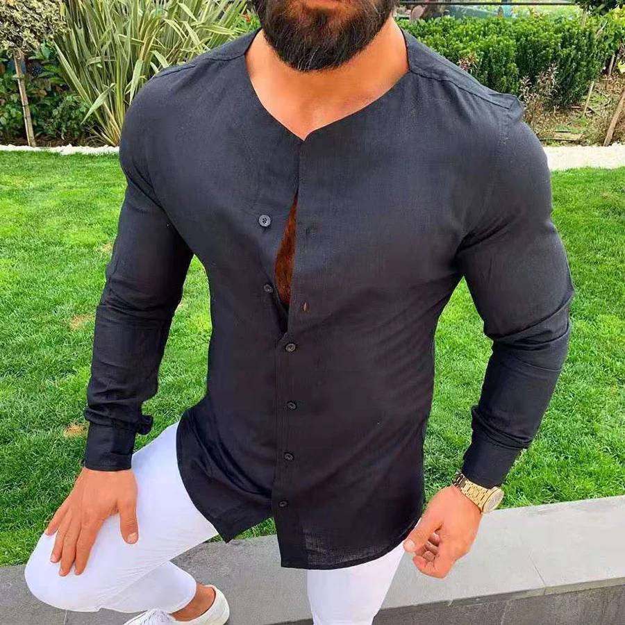Men's Round Neck Long Sleeves Slim Fit Solid Colour Shirt - Image 3