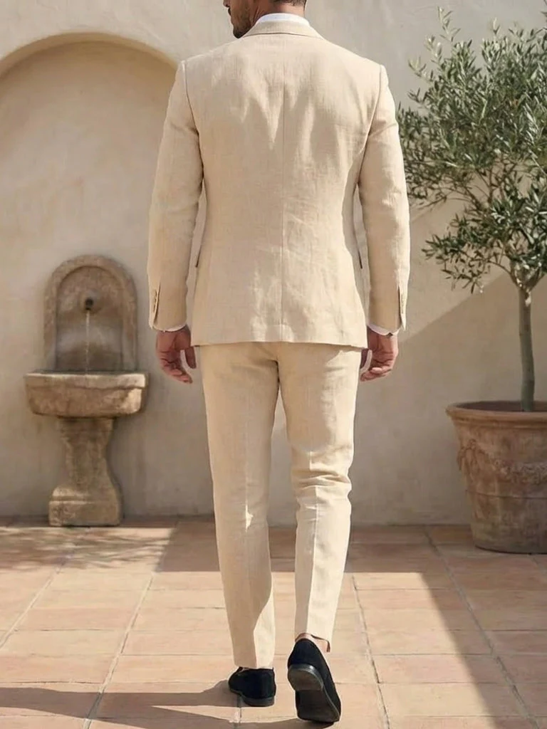 Men's Single Breasted One-Button 2 Pieces Linen Solid colour Suits Long Sleeves - Image 2