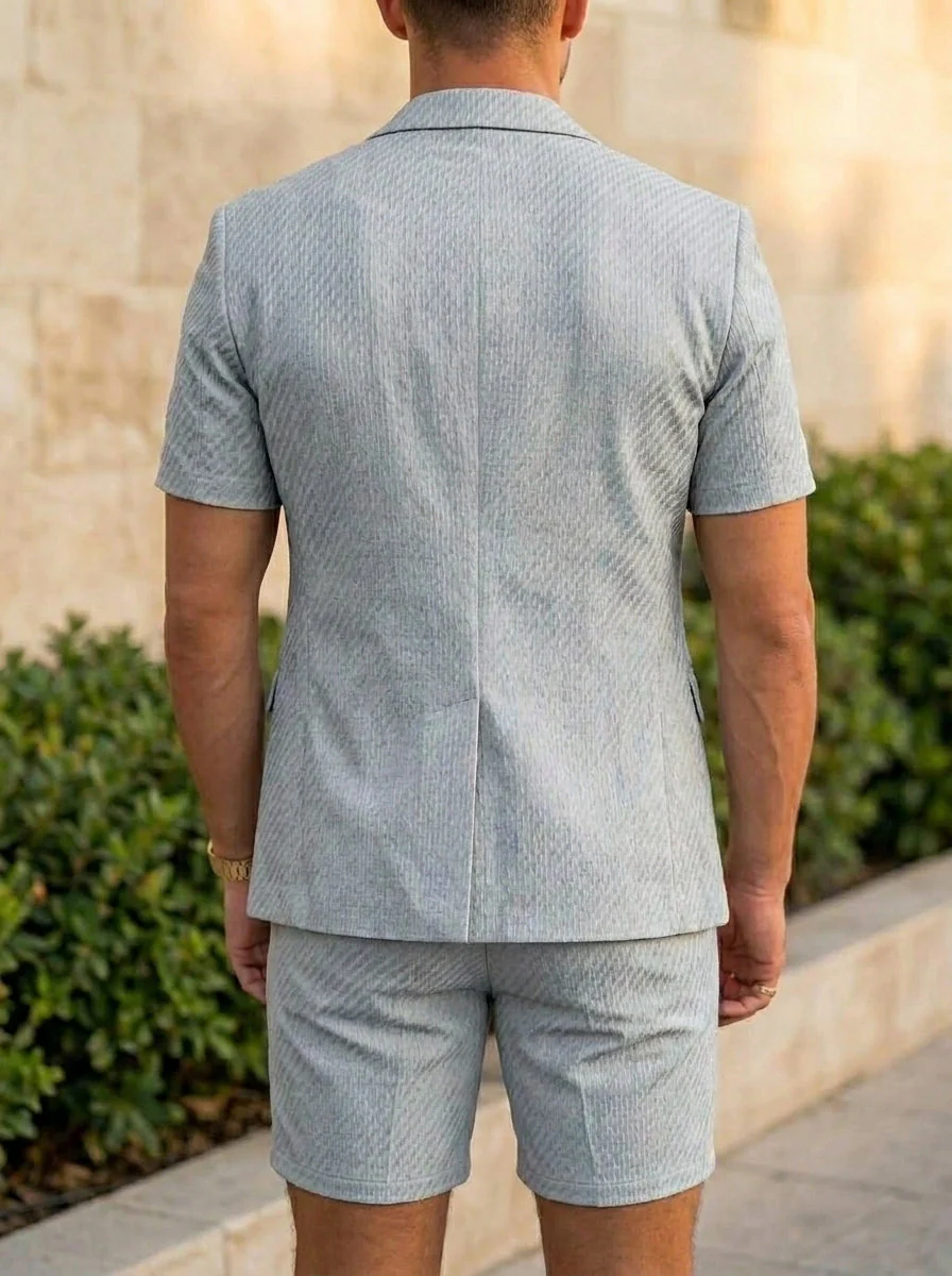 Men's Single Breasted One-Button 2 Pieces Solid colour Suits Short Sleeves - Image 2