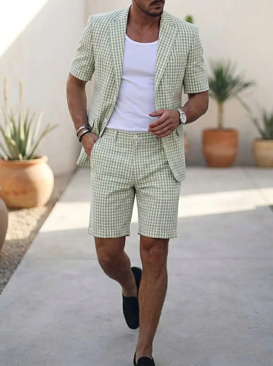 Men's Single Breasted Two-Buttons 2 Pieces Plaid Suits Short Sleeves