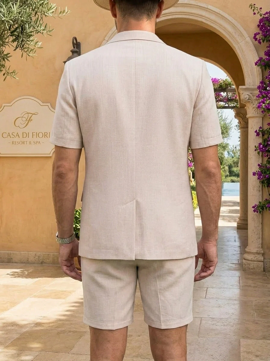Men's Single Breasted Two-Buttons 2 Pieces Solid colour Suit Short Sleeves - Image 2