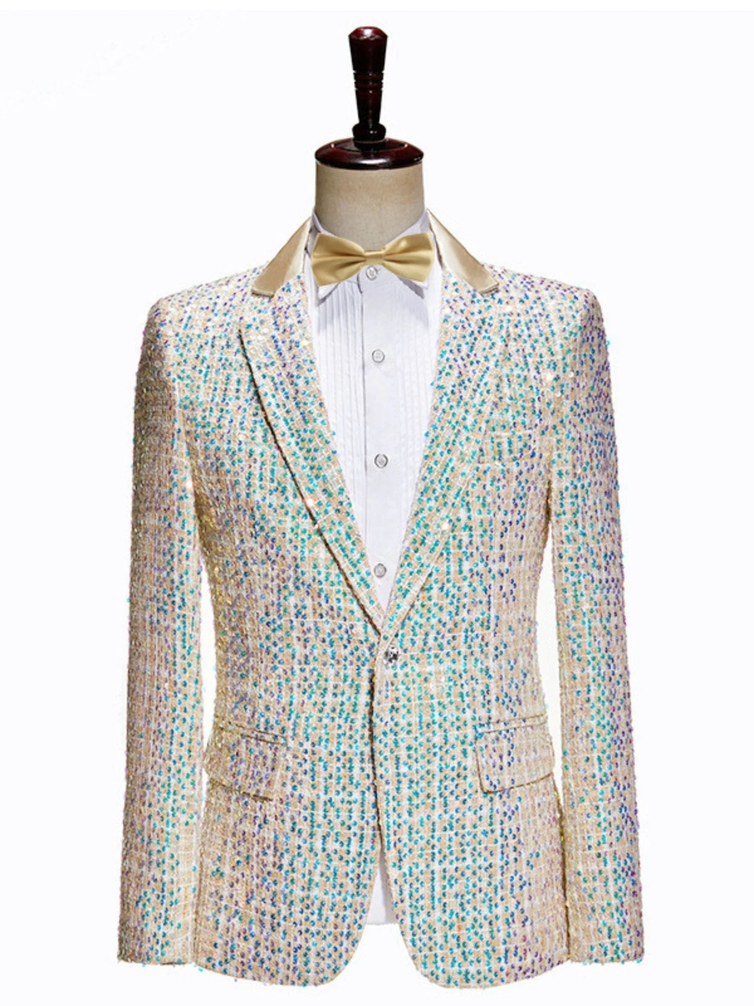 Men's Slim Fit Champagne Sequin One Button 2 Pieces Wedding Suits - Image 5