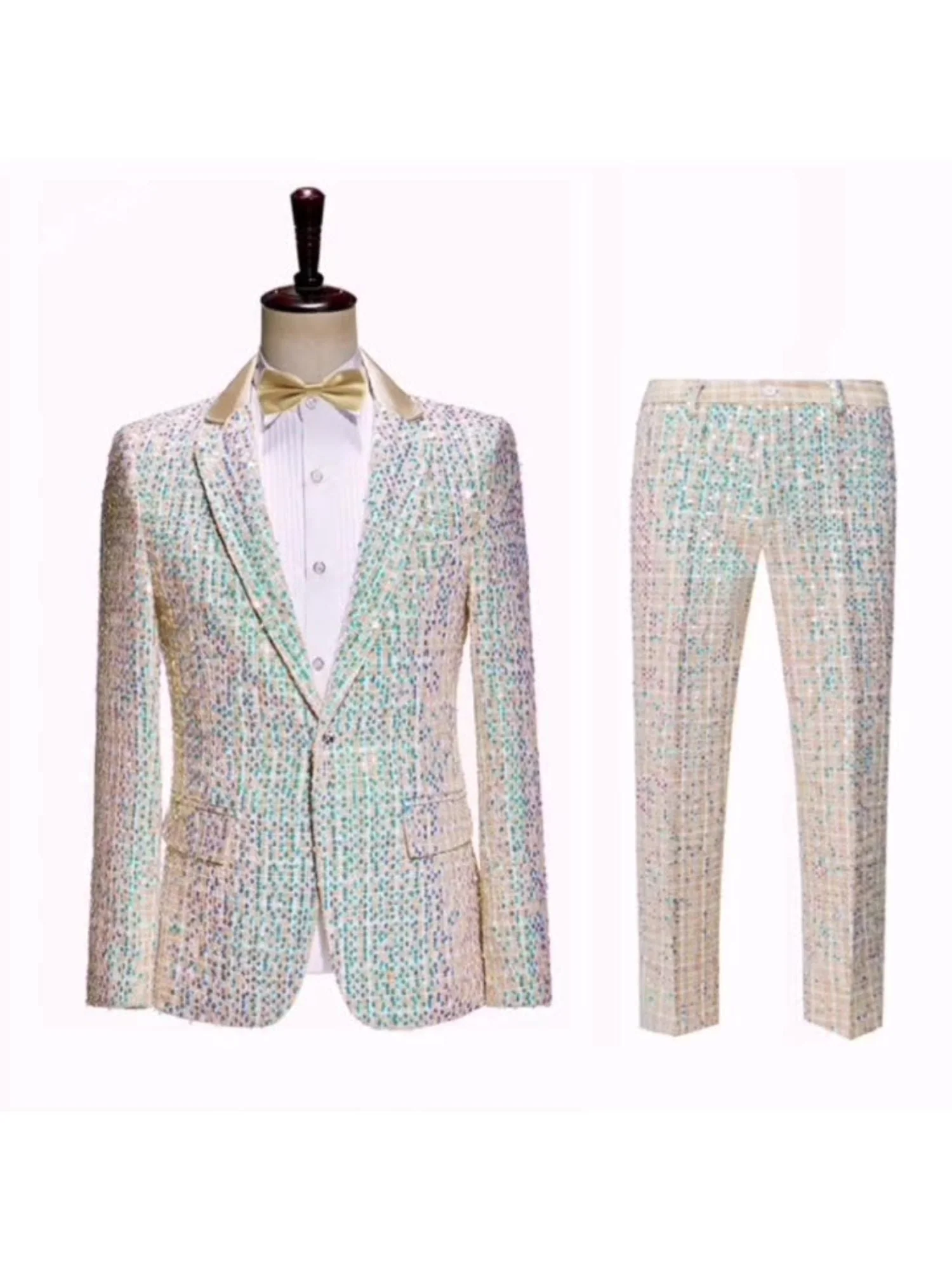 Men's Slim Fit Champagne Sequin One Button 2 Pieces Wedding Suits - Image 6
