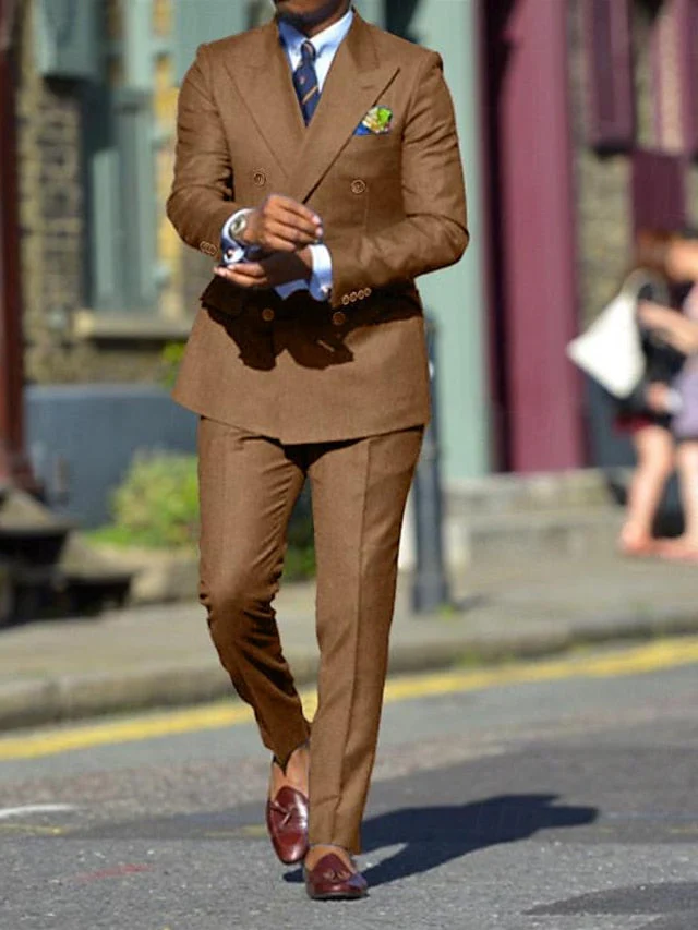 Men's Standard Fit Double Breasted Six-buttons 2 Pieces Solid Coloured Wedding Suits - Image 2