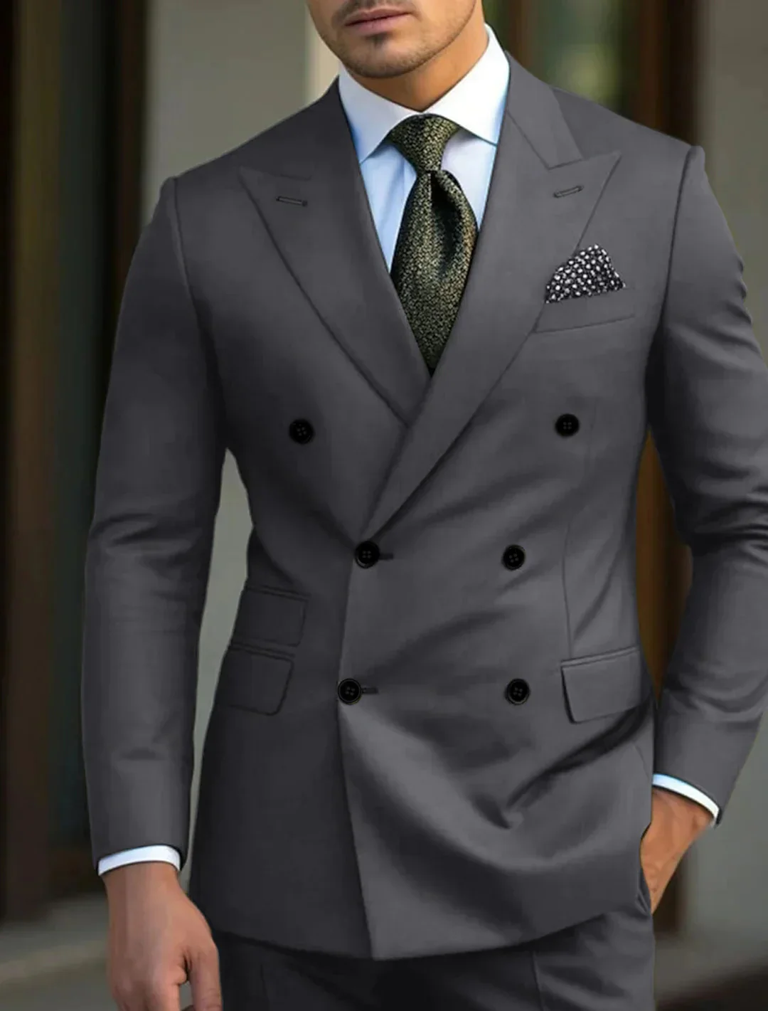 Men's Tailored Fit Double Breasted Six-buttons 2 Pieces Solid Coloured Wedding Suits - Image 2