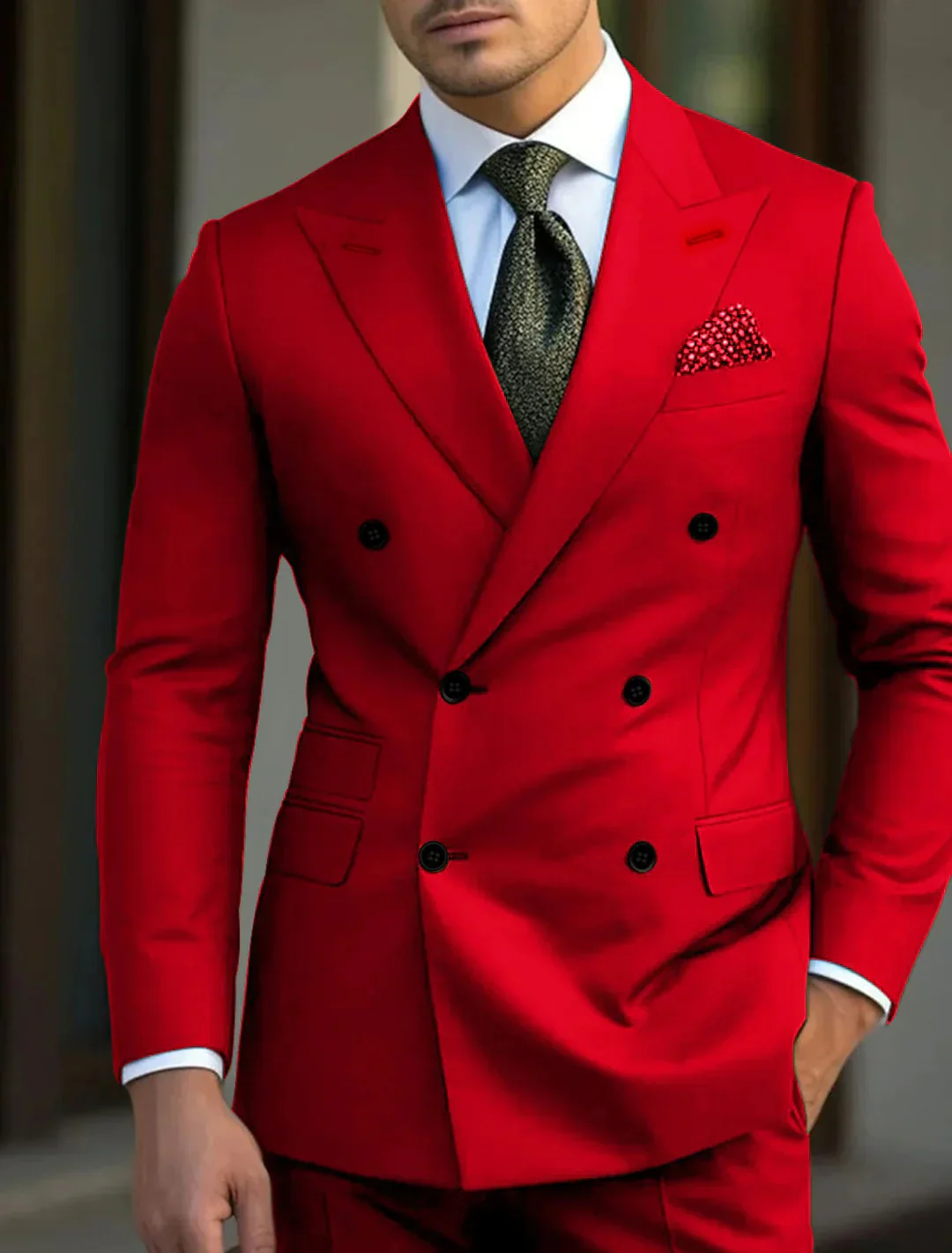 Men's Tailored Fit Double Breasted Six-buttons 2 Pieces Solid Coloured Wedding Suits - Image 3
