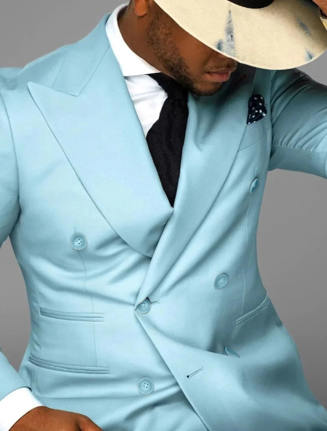 Sky Blue Men's Tailored Fit Double Breasted Six-buttons 2 Pieces Solid Coloured Wedding Suits - Image 2