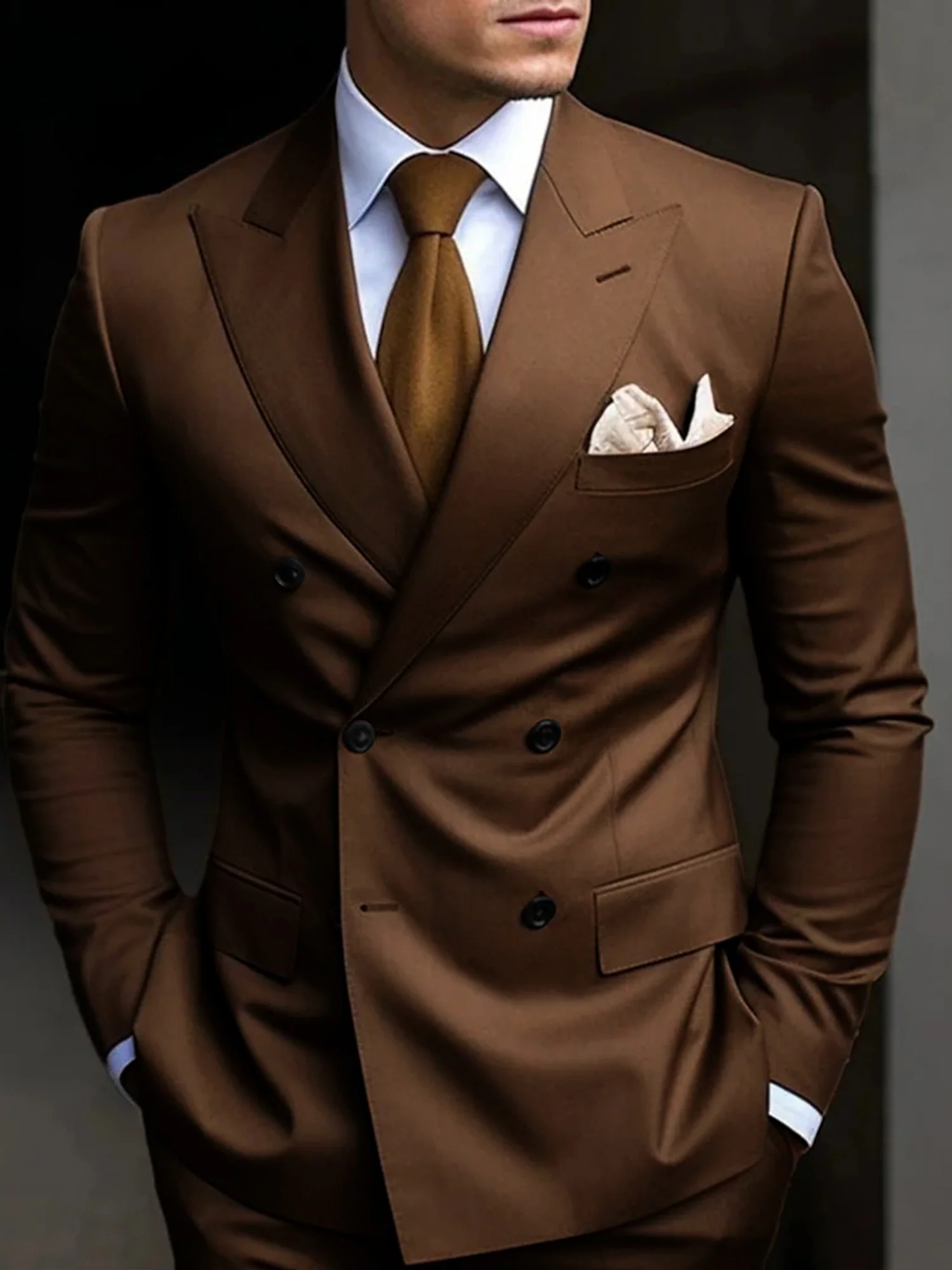 Men's Tailored Fit Double Breasted Six-buttons 2 Pieces Solid Coloured Wedding Suits
