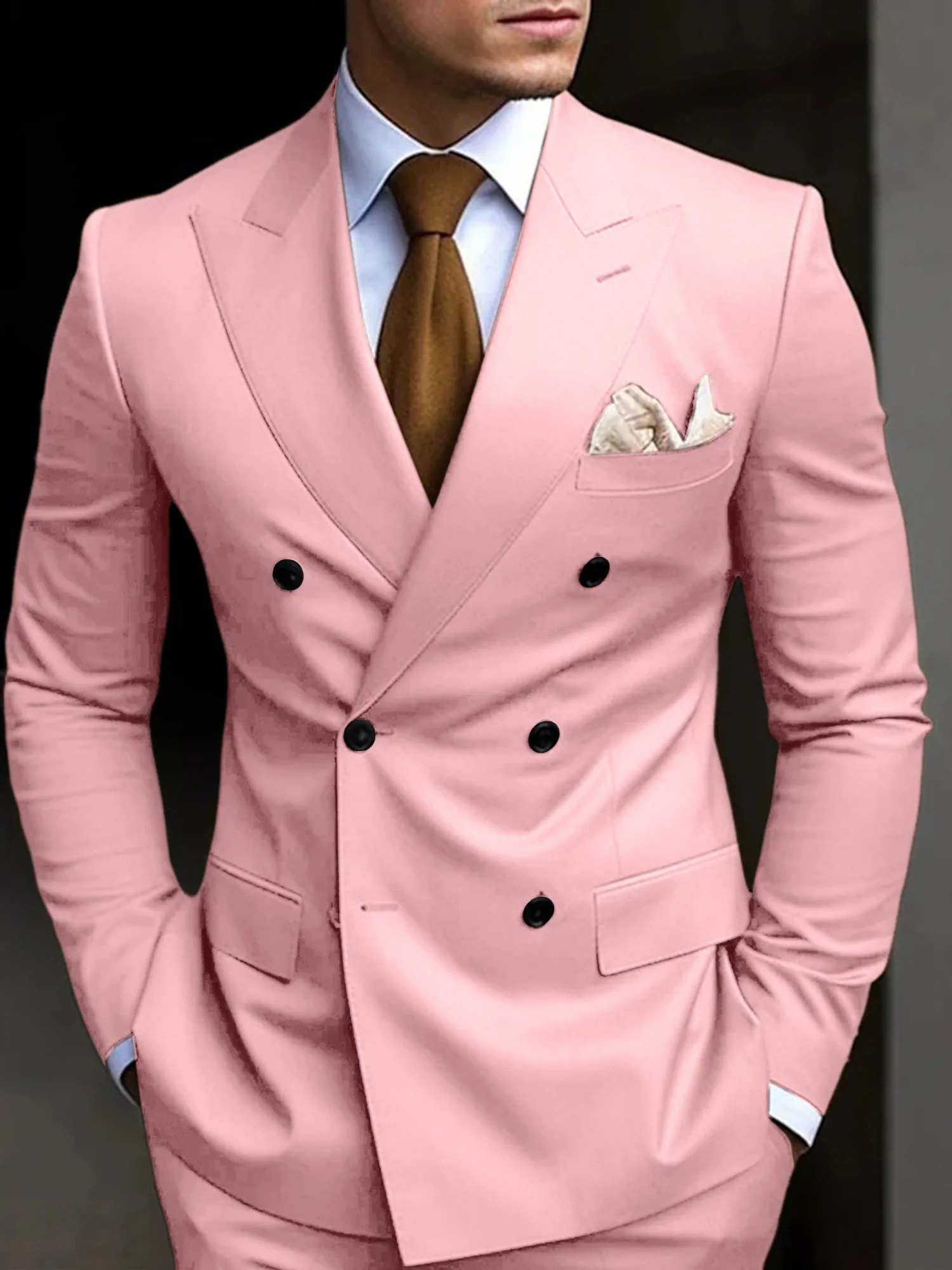 Men's Tailored Fit Double Breasted Six-buttons 2 Pieces Solid Coloured Wedding Suits - Image 10