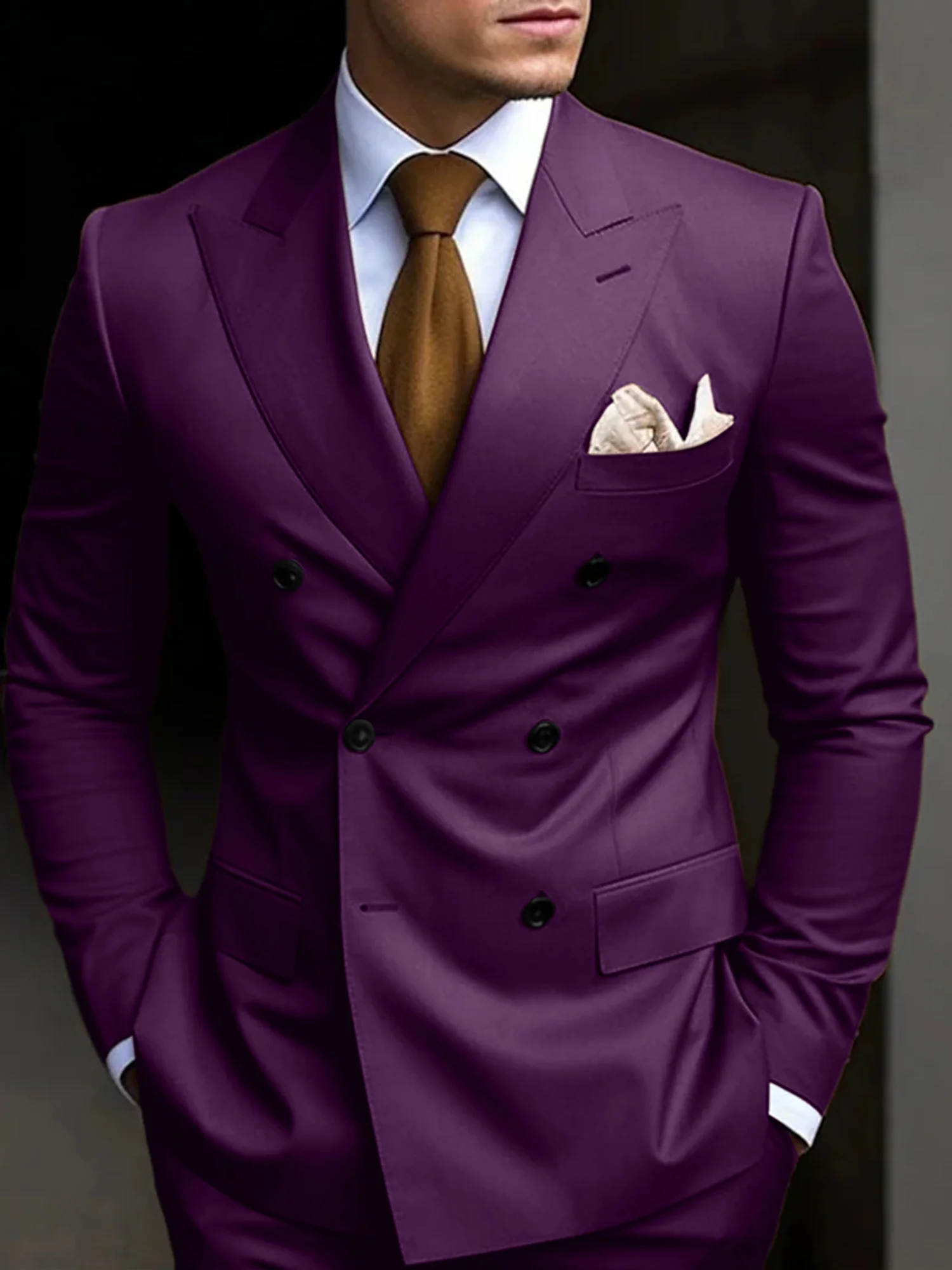 Men's Tailored Fit Double Breasted Six-buttons 2 Pieces Solid Coloured Wedding Suits - Image 11