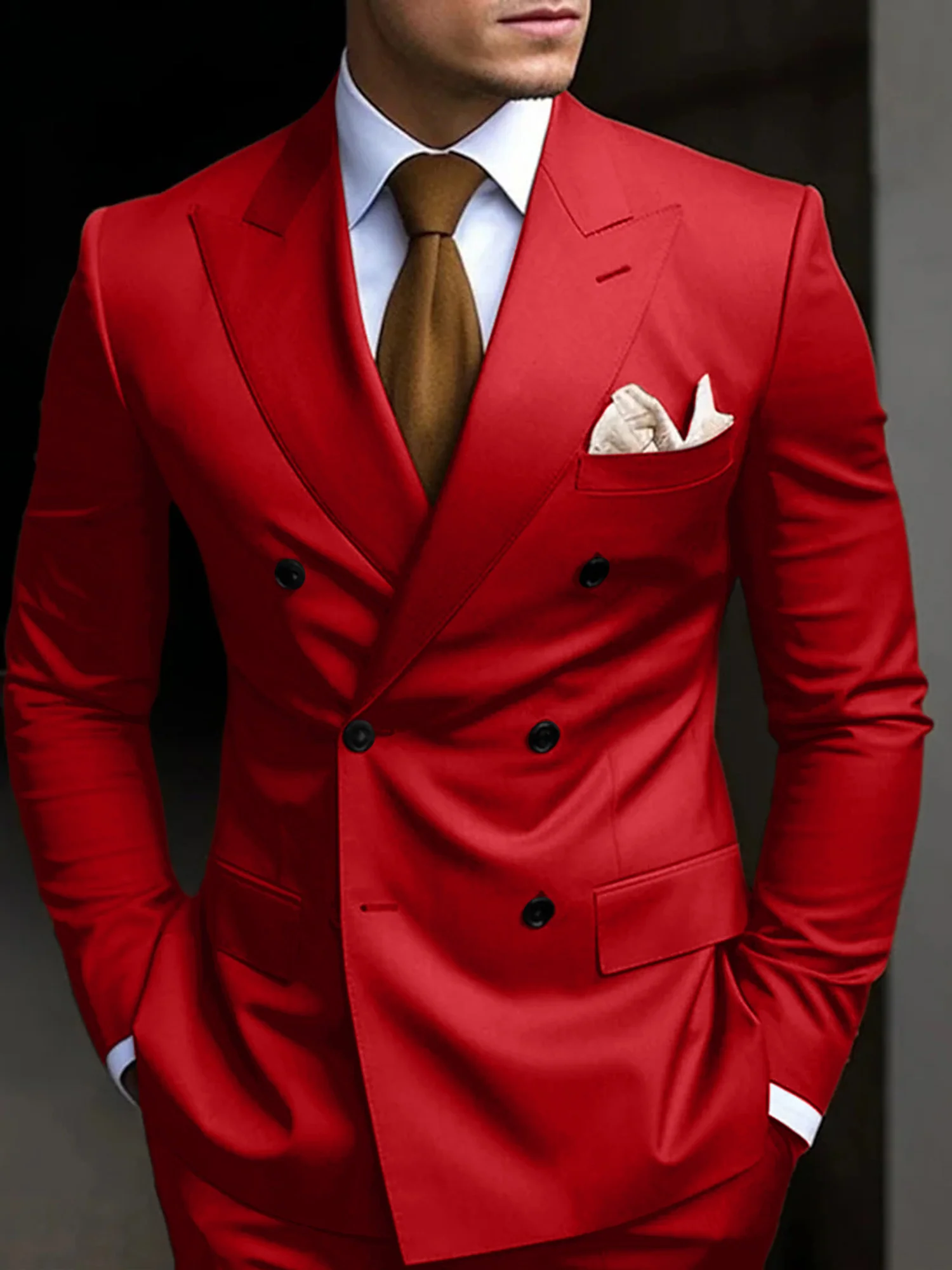 Men's Tailored Fit Double Breasted Six-buttons 2 Pieces Solid Coloured Wedding Suits - Image 12