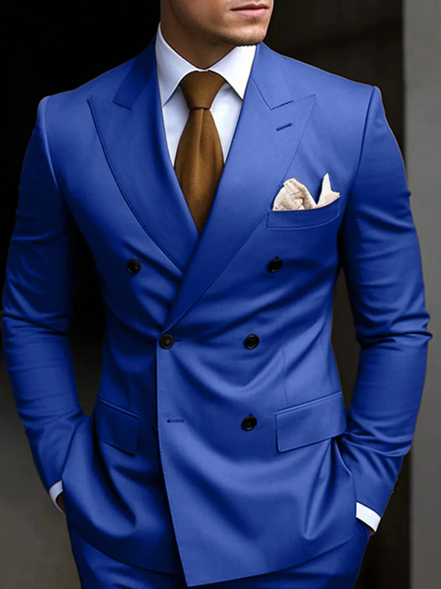 Men's Tailored Fit Double Breasted Six-buttons 2 Pieces Solid Coloured Wedding Suits - Image 13