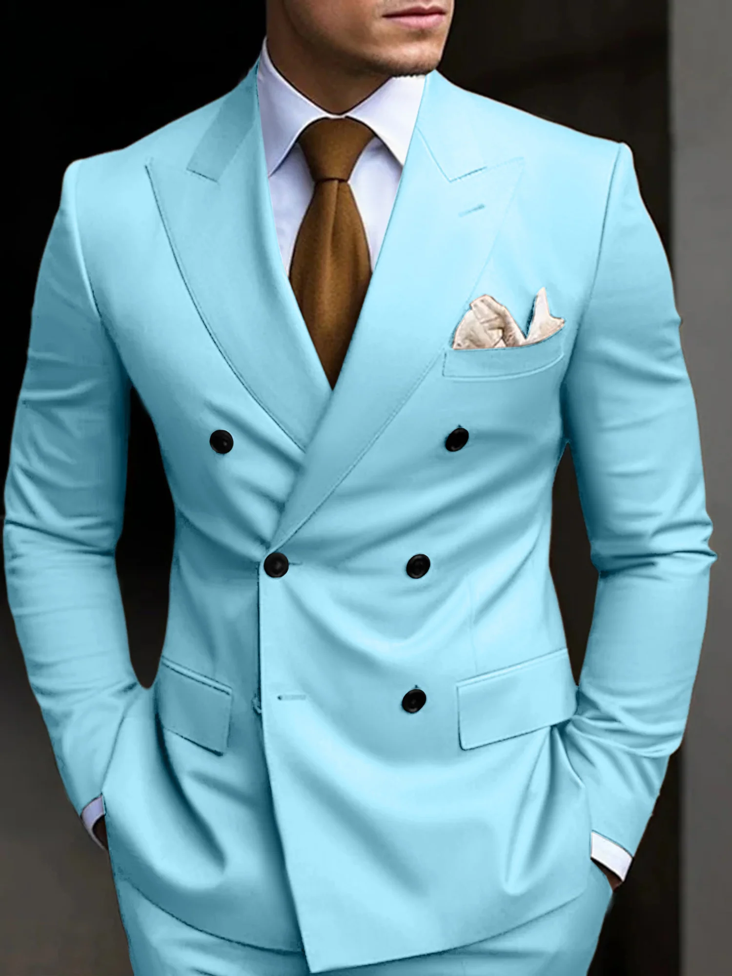 Men's Tailored Fit Double Breasted Six-buttons 2 Pieces Solid Coloured Wedding Suits - Image 14