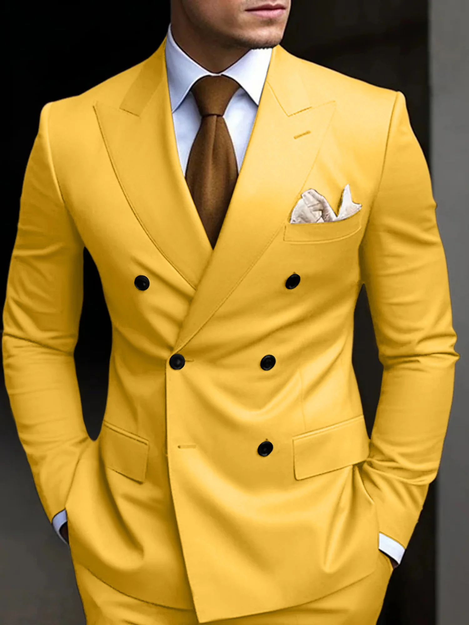 Men's Tailored Fit Double Breasted Six-buttons 2 Pieces Solid Coloured Wedding Suits - Image 16