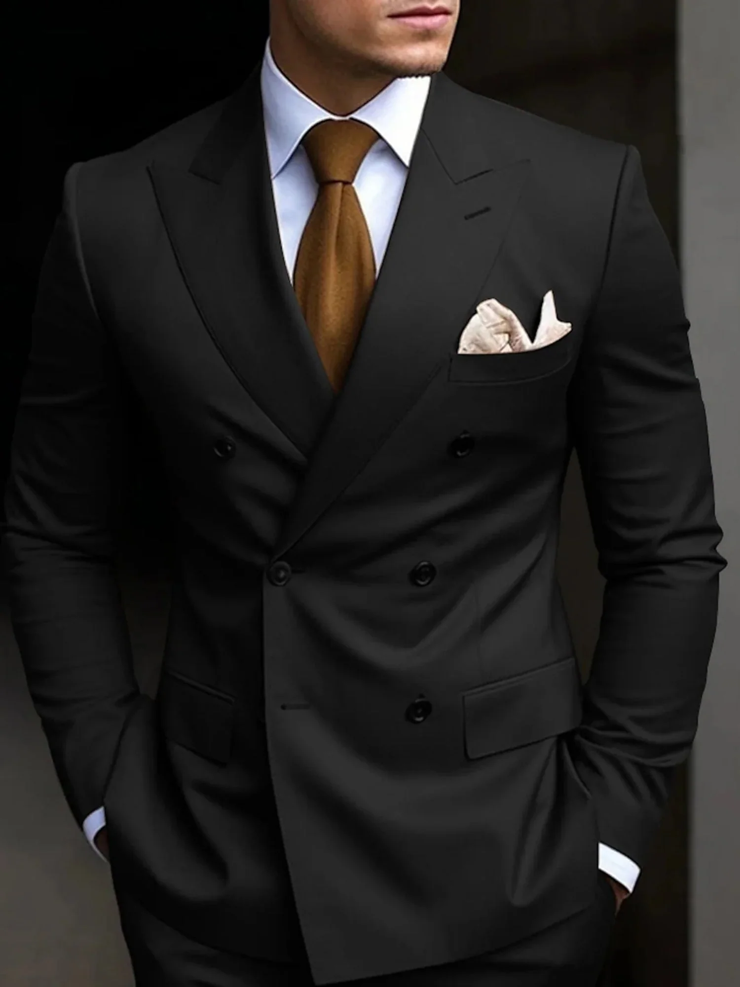 Men's Tailored Fit Double Breasted Six-buttons 2 Pieces Solid Coloured Wedding Suits - Image 2