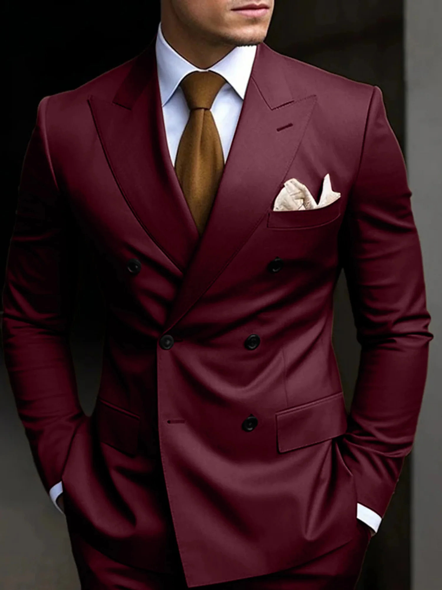 Men's Tailored Fit Double Breasted Six-buttons 2 Pieces Solid Coloured Wedding Suits - Image 3