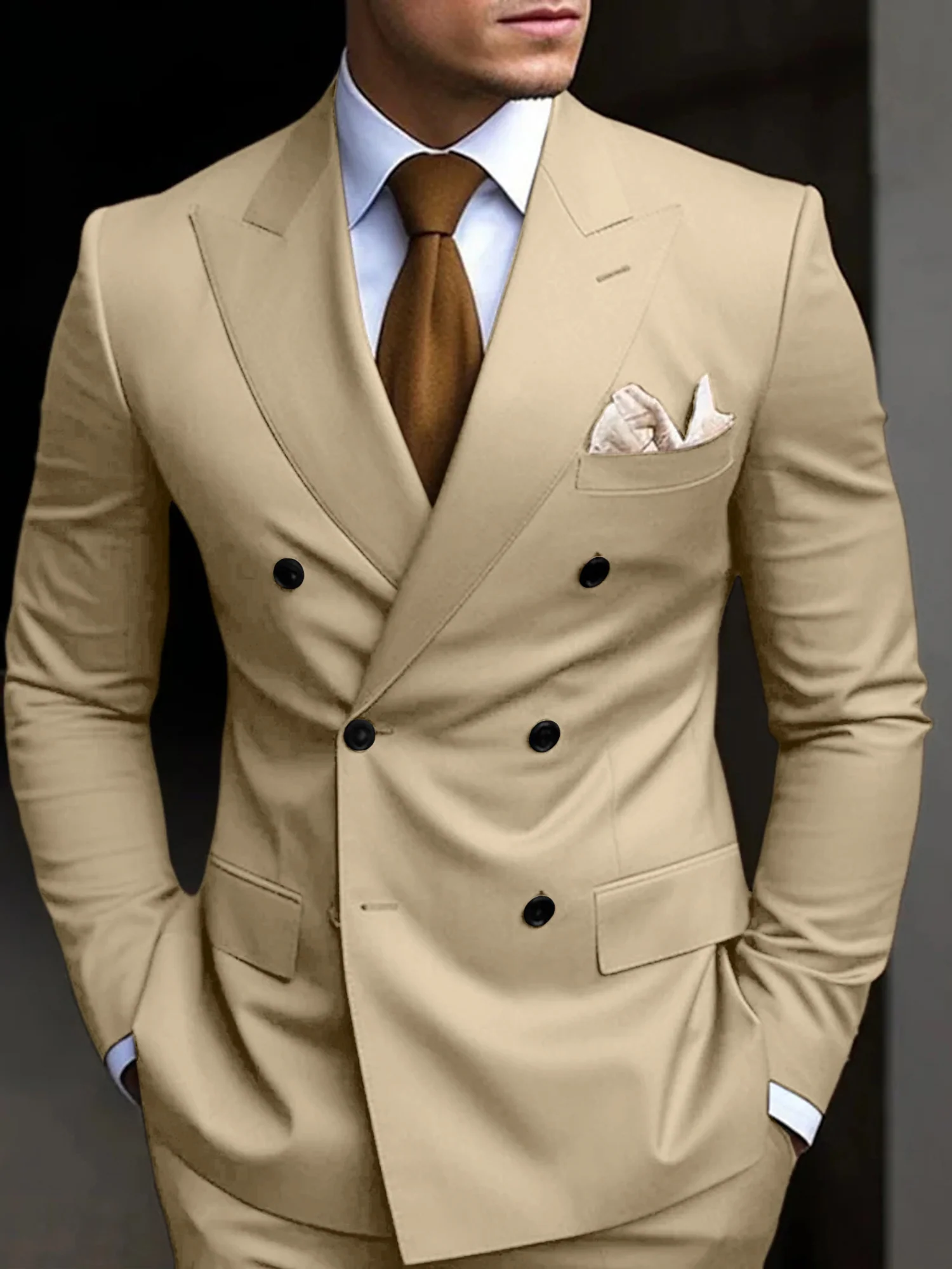 Men's Tailored Fit Double Breasted Six-buttons 2 Pieces Solid Coloured Wedding Suits - Image 4