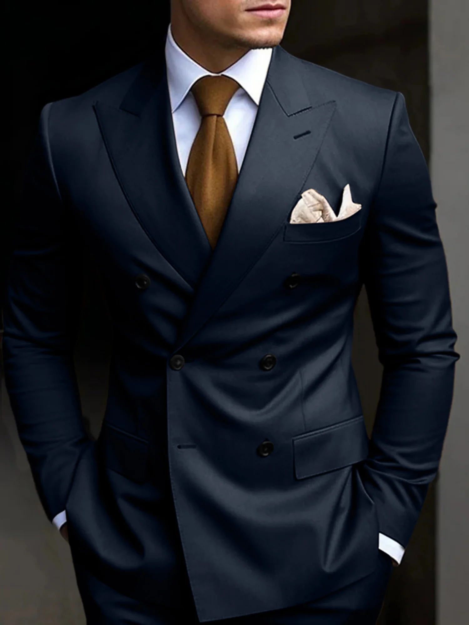 Men's Tailored Fit Double Breasted Six-buttons 2 Pieces Solid Coloured Wedding Suits - Image 5