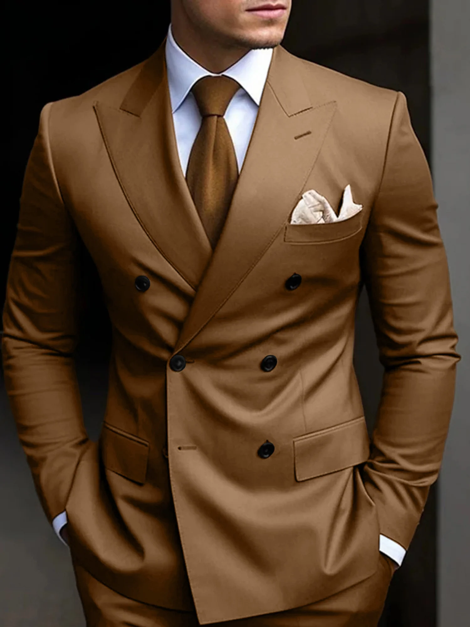 Men's Tailored Fit Double Breasted Six-buttons 2 Pieces Solid Coloured Wedding Suits - Image 6