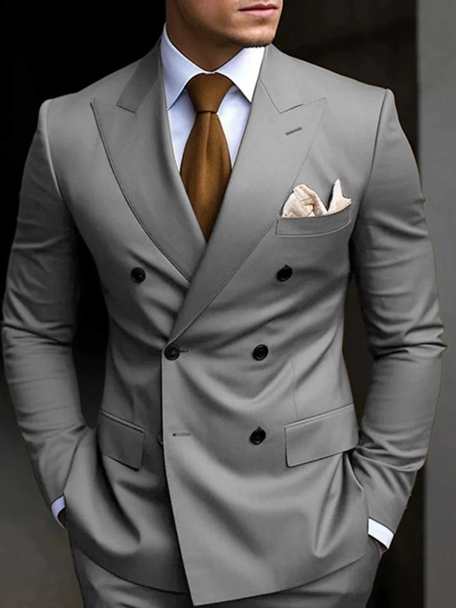 Men's Tailored Fit Double Breasted Six-buttons 2 Pieces Solid Coloured Wedding Suits - Image 7