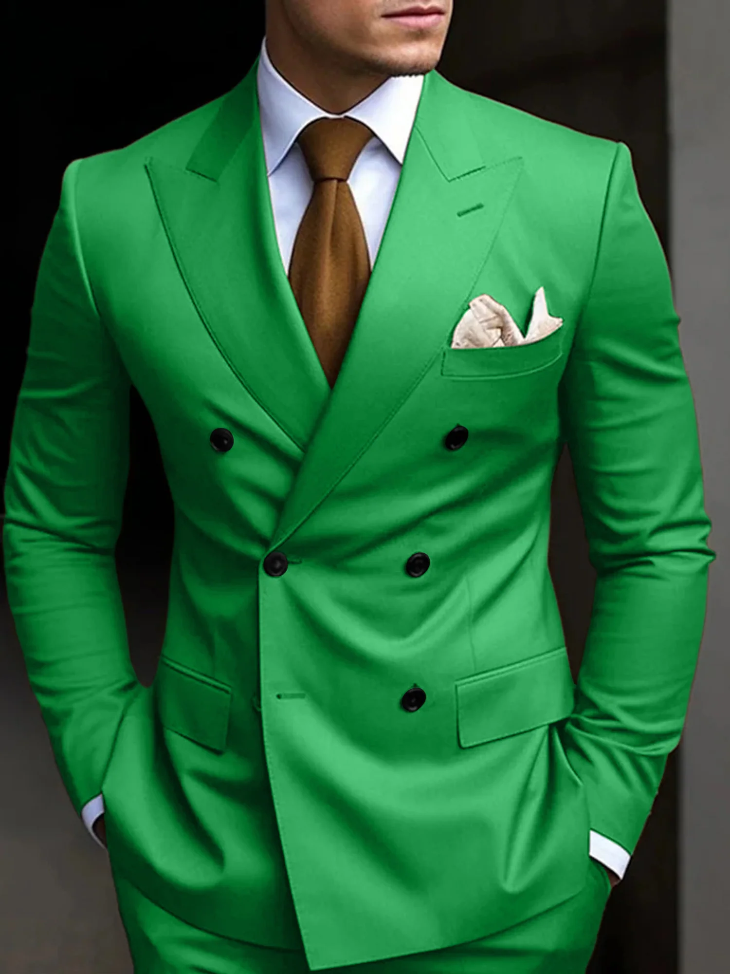 Men's Tailored Fit Double Breasted Six-buttons 2 Pieces Solid Coloured Wedding Suits - Image 8
