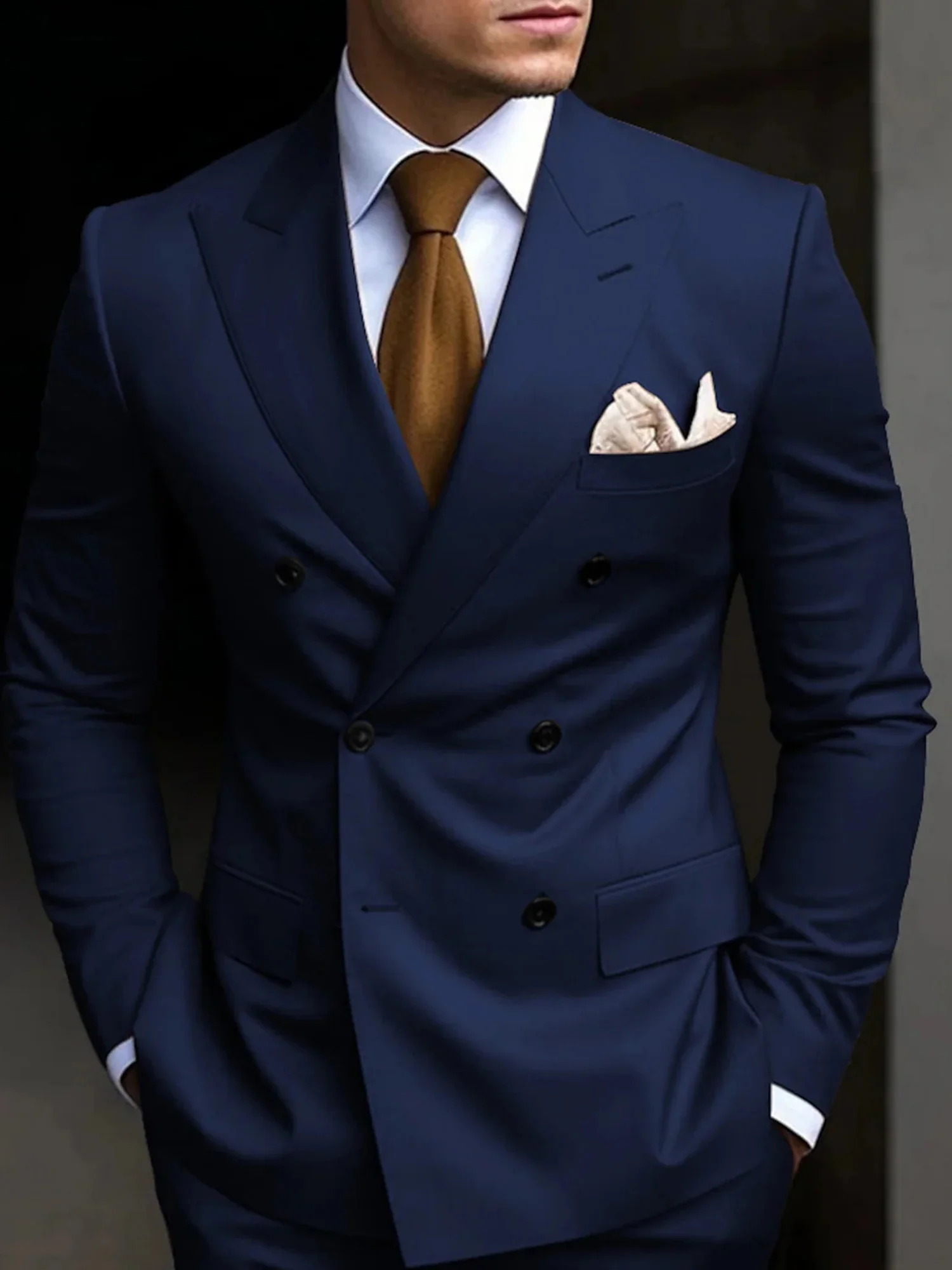 Men's Tailored Fit Double Breasted Six-buttons 2 Pieces Solid Coloured Wedding Suits - Image 9