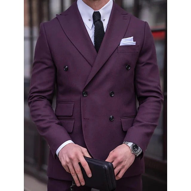 Men's Tailored Fit Double Breasted Six-buttons 2 Pieces Solid Coloured Wedding Suits - Image 5