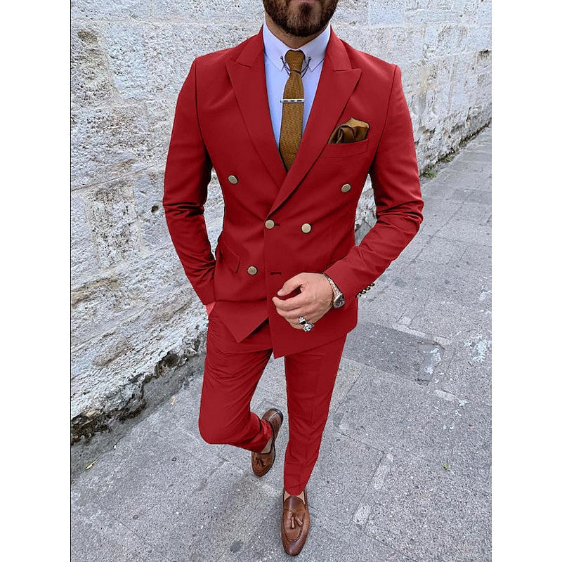 Men's Tailored Fit Double Breasted Six-buttons 2 Pieces Solid Coloured Wedding Suits - Image 12