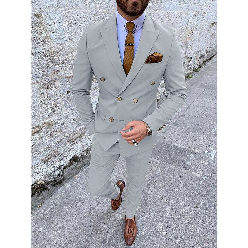 Men's Tailored Fit Double Breasted Six-buttons 2 Pieces Solid Coloured Wedding Suits - Image 13