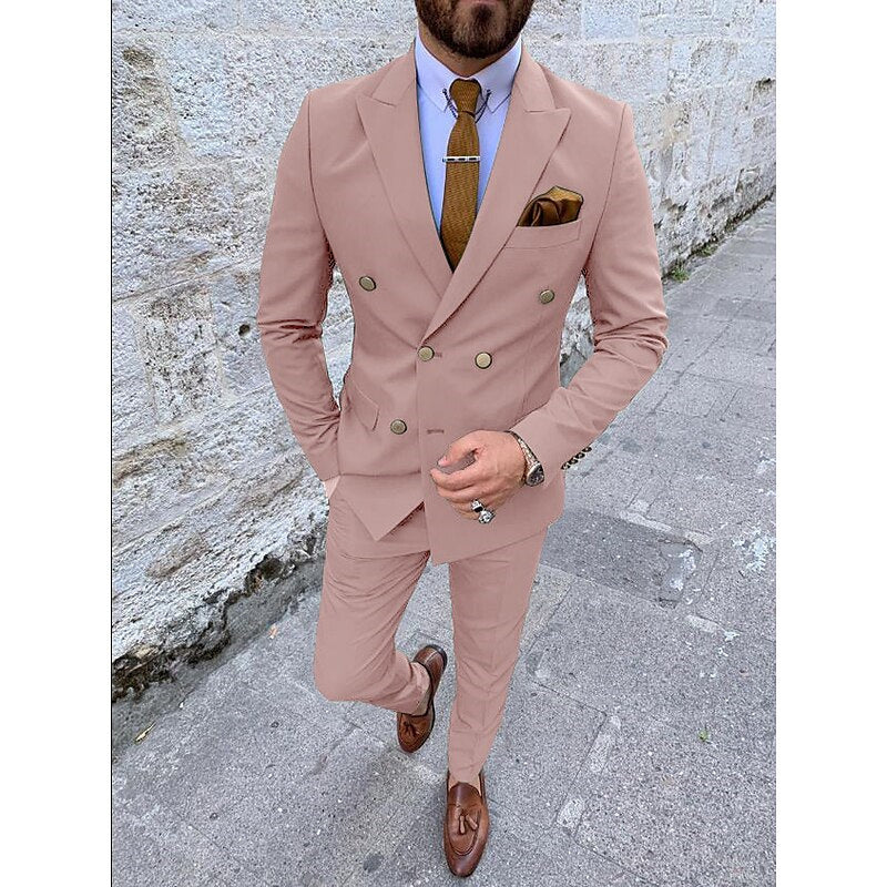 Men's Tailored Fit Double Breasted Six-buttons 2 Pieces Solid Coloured Wedding Suits - Image 15