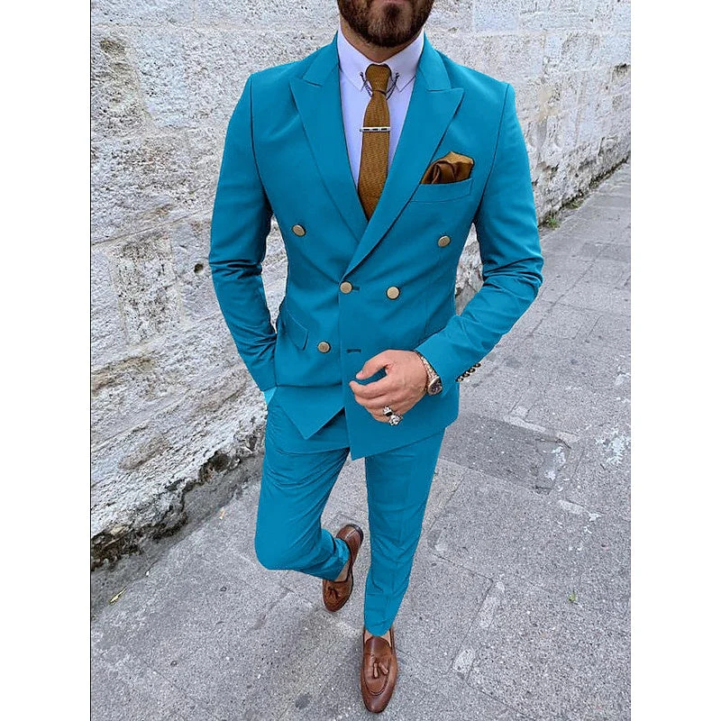Men's Tailored Fit Double Breasted Six-buttons 2 Pieces Solid Coloured Wedding Suits - Image 16