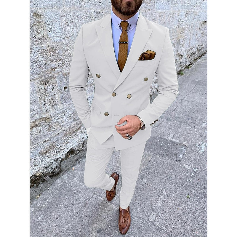 Men's Tailored Fit Double Breasted Six-buttons 2 Pieces Solid Coloured Wedding Suits - Image 17