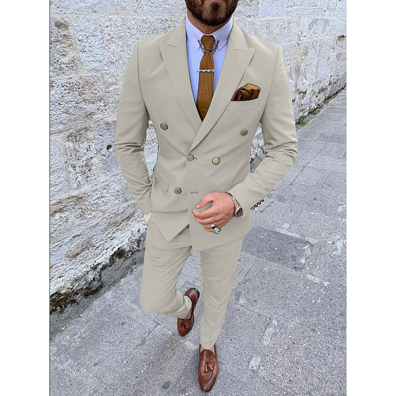 Men's Tailored Fit Double Breasted Six-buttons 2 Pieces Solid Coloured Wedding Suits - Image 18