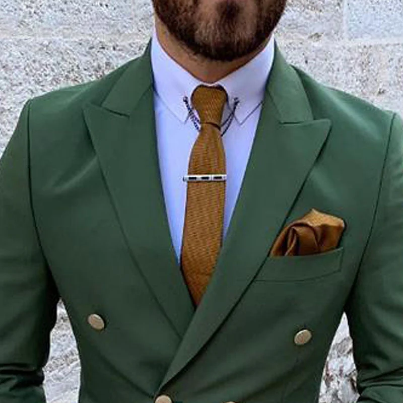 Men's Tailored Fit Double Breasted Six-buttons 2 Pieces Solid Coloured Wedding Suits - Image 19