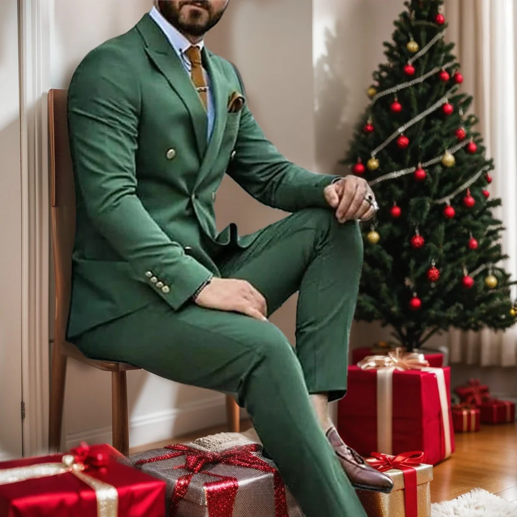 Men's Tailored Fit Double Breasted Six-buttons 2 Pieces Solid Coloured Wedding Suits - Image 2