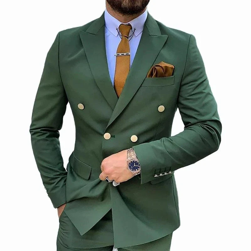 Men's Tailored Fit Double Breasted Six-buttons 2 Pieces Solid Coloured Wedding Suits - Image 3