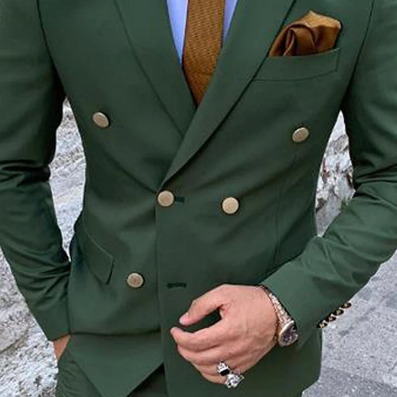 Men's Tailored Fit Double Breasted Six-buttons 2 Pieces Solid Coloured Wedding Suits - Image 4