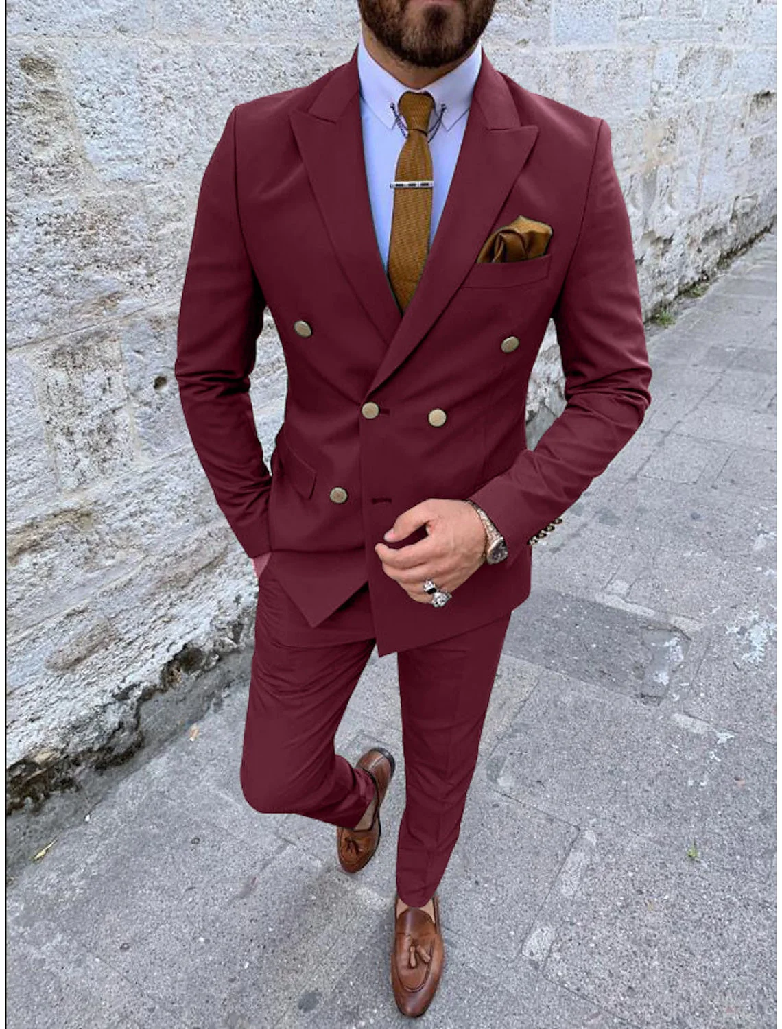 Men's Tailored Fit Double Breasted Six-buttons 2 Pieces Solid Coloured Wedding Suits - Image 5
