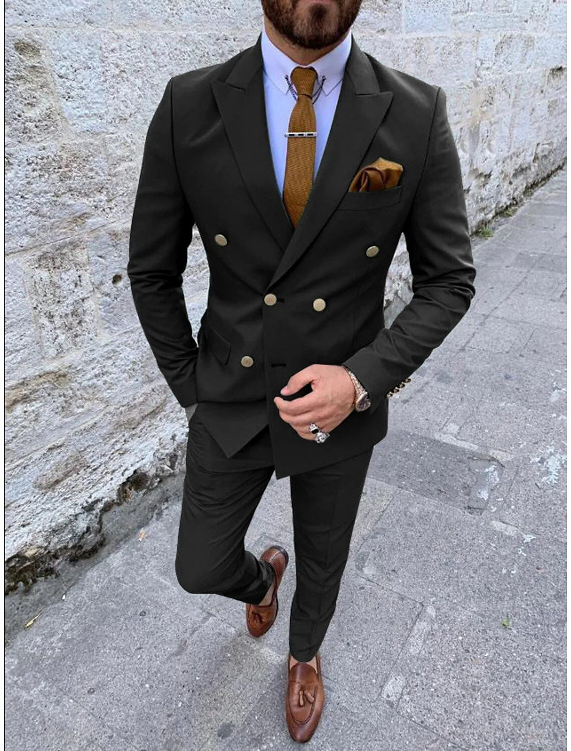 Men's Tailored Fit Double Breasted Six-buttons 2 Pieces Solid Coloured Wedding Suits - Image 6