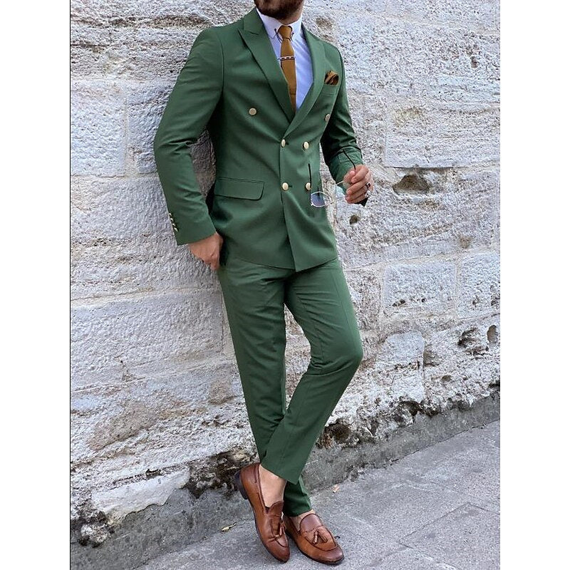 Men's Tailored Fit Double Breasted Six-buttons 2 Pieces Solid Coloured Wedding Suits - Image 8