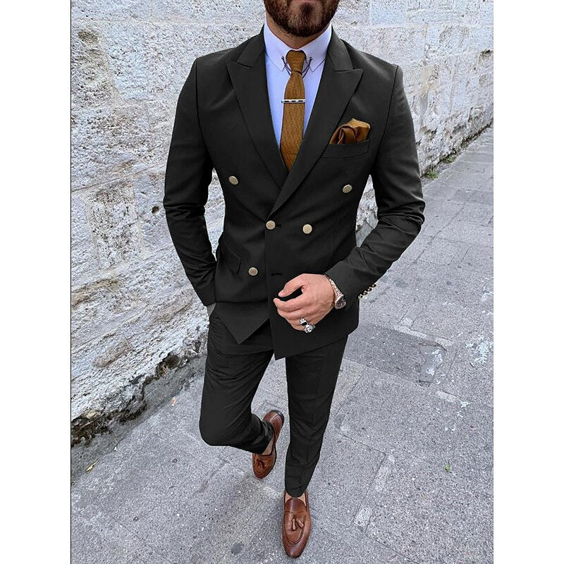 Men's Tailored Fit Double Breasted Six-buttons 2 Pieces Solid Coloured Wedding Suits - Image 9