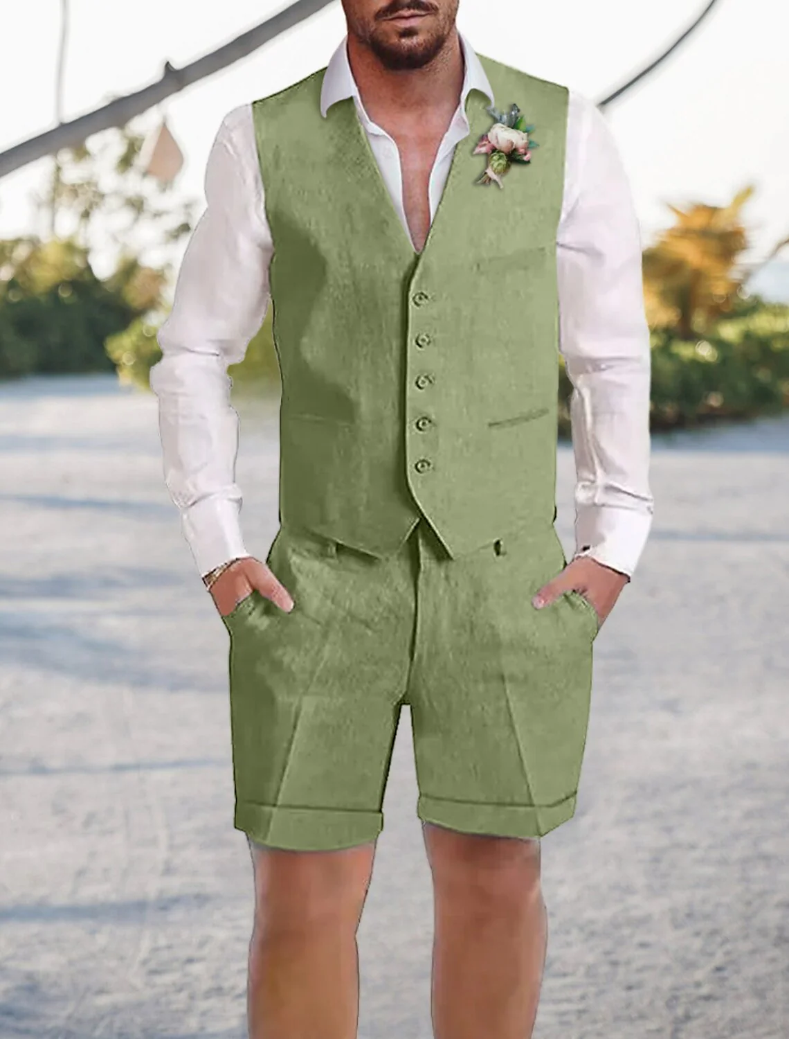 Men's Tailored Fit Single Breasted 2 Pieces Solid Coloured Linen Suits - Image 3