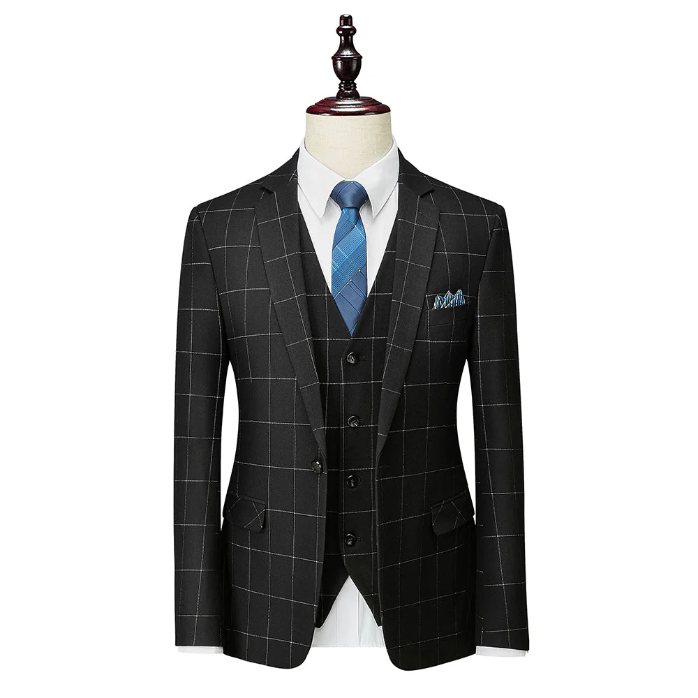 Men's Tailored Fit Single Breasted One-button 3 Pieces Plaid Wedding Suits - Image 2