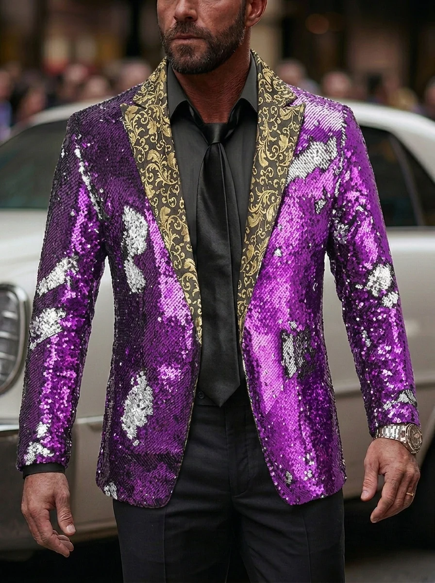 Men's Tailored Fit Single Breasted Sequins Party Jacket - Image 3