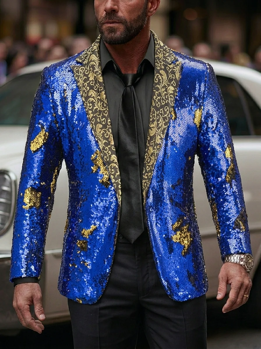Men's Tailored Fit Single Breasted Sequins Party Jacket - Image 4