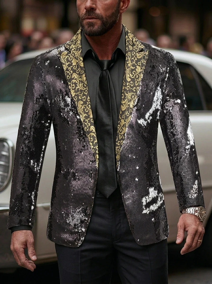 Men's Tailored Fit Single Breasted Sequins Party Jacket - Image 5