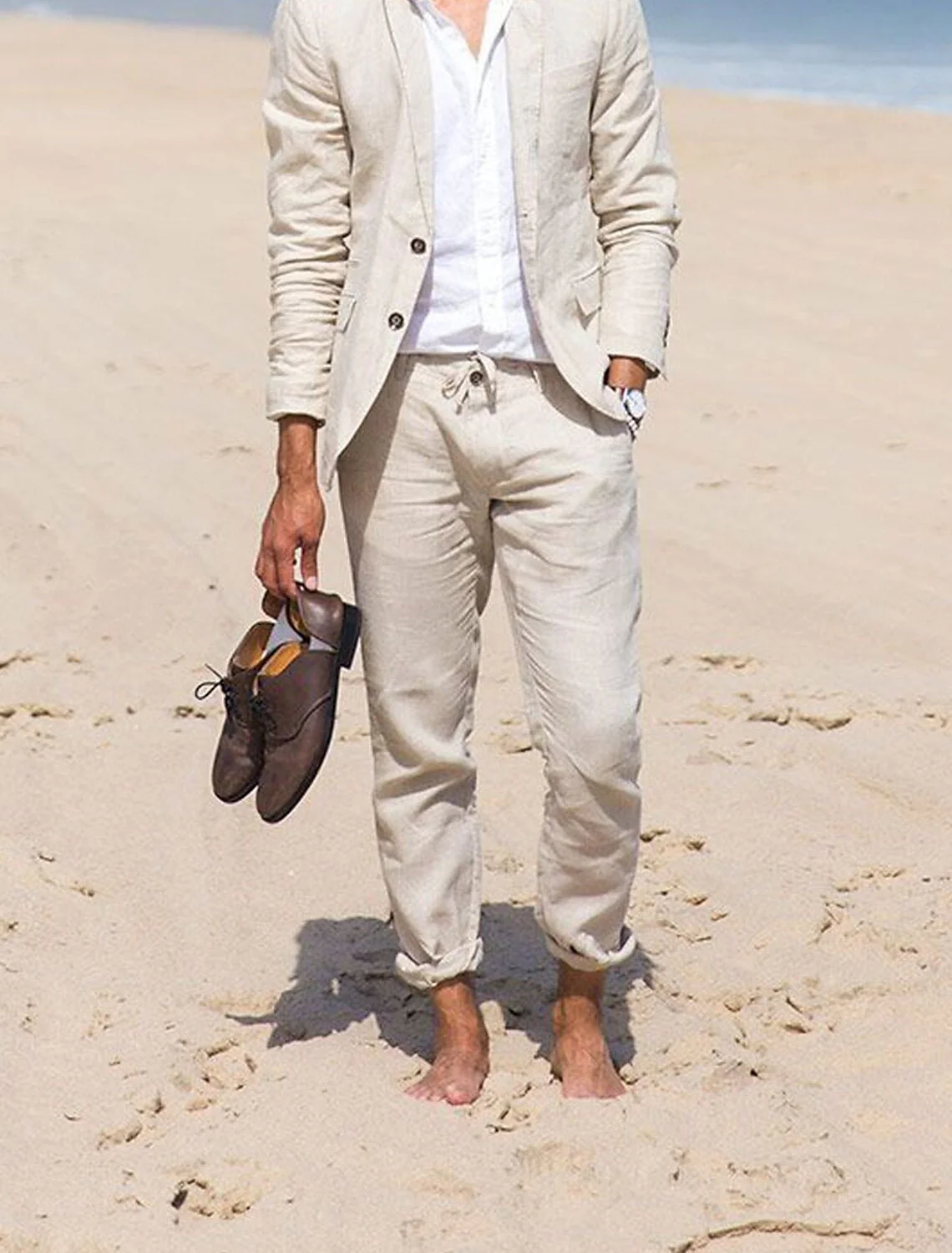 Men's Tailored Fit Single Breasted Two-buttons 2 Piece Solid Coloured Linen Suits - Image 2
