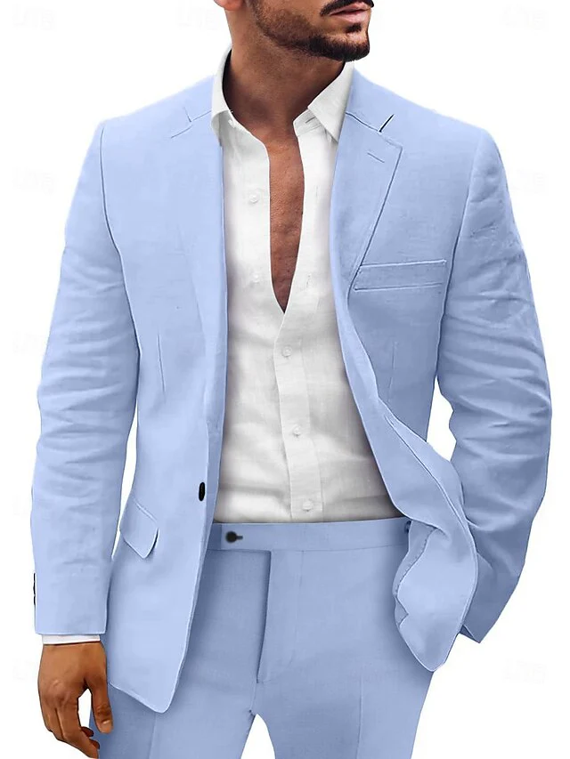 Men's Tailored Fit Single Breasted Two-buttons 2 Pieces Linen Suits - Image 2